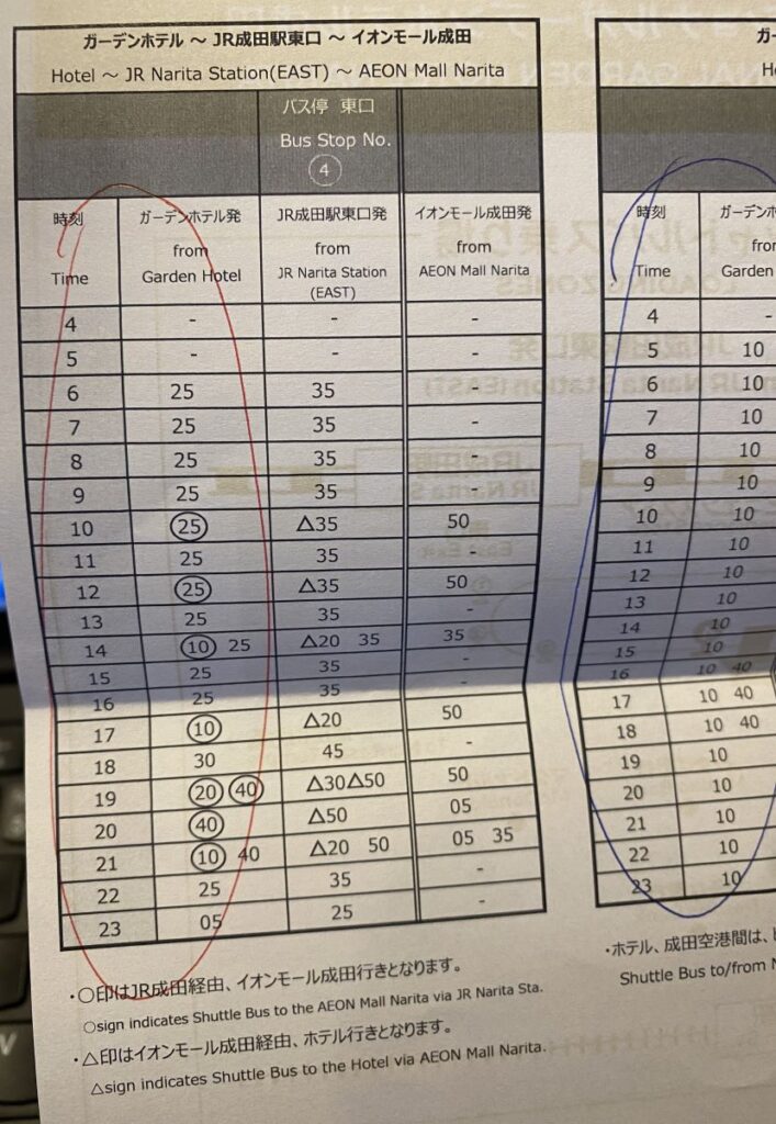Information board displaying the shuttle bus schedule between Narita Station and the hotel.