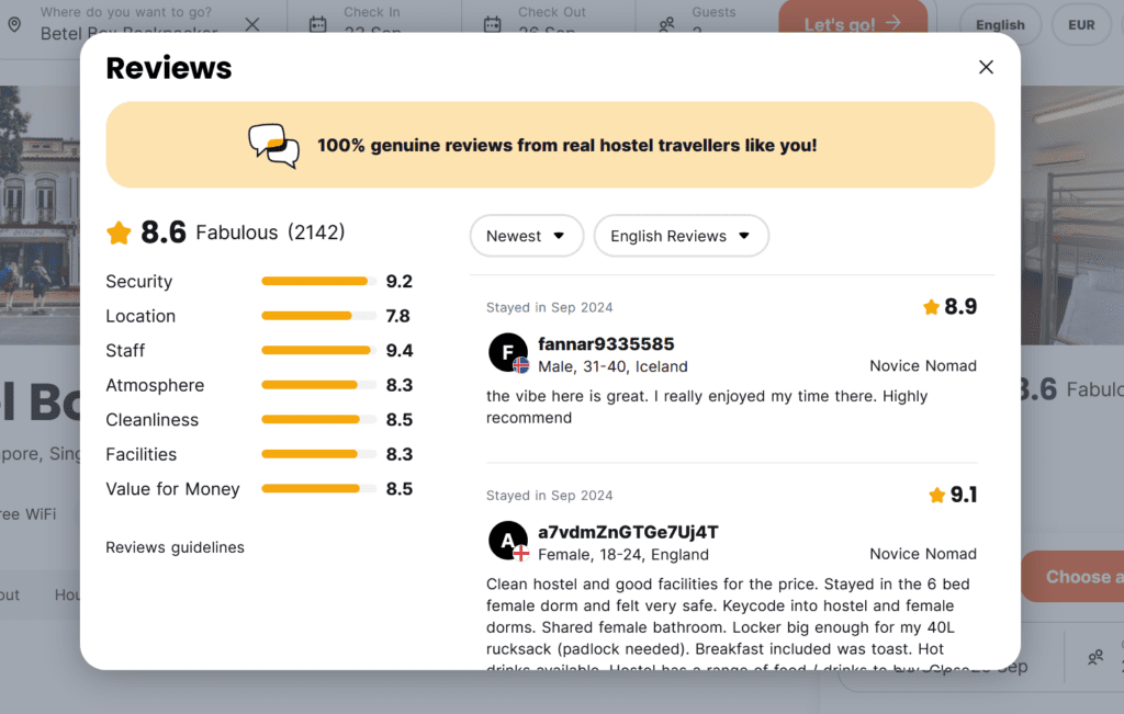 Example screenshot from Hostelworld showing ratings scale and guest reviews. Hostelworld is a great way to find good hostels to stay at.