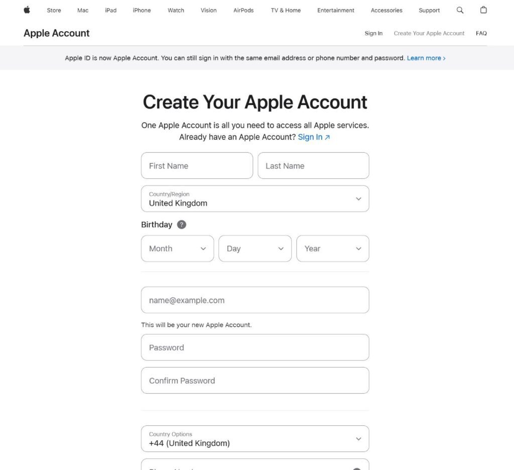 Screenshot of the Apple Account website, new account creation page